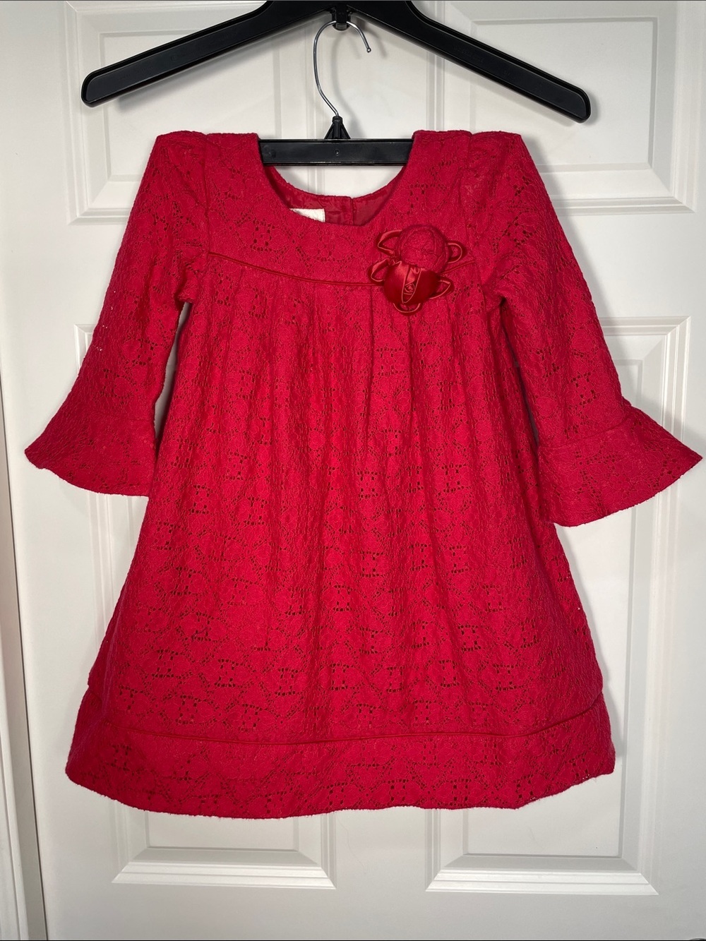 Laura Ashley London Girls Red Lace Party Dress Size 6 Holiday 3/4 Bell Sleeve